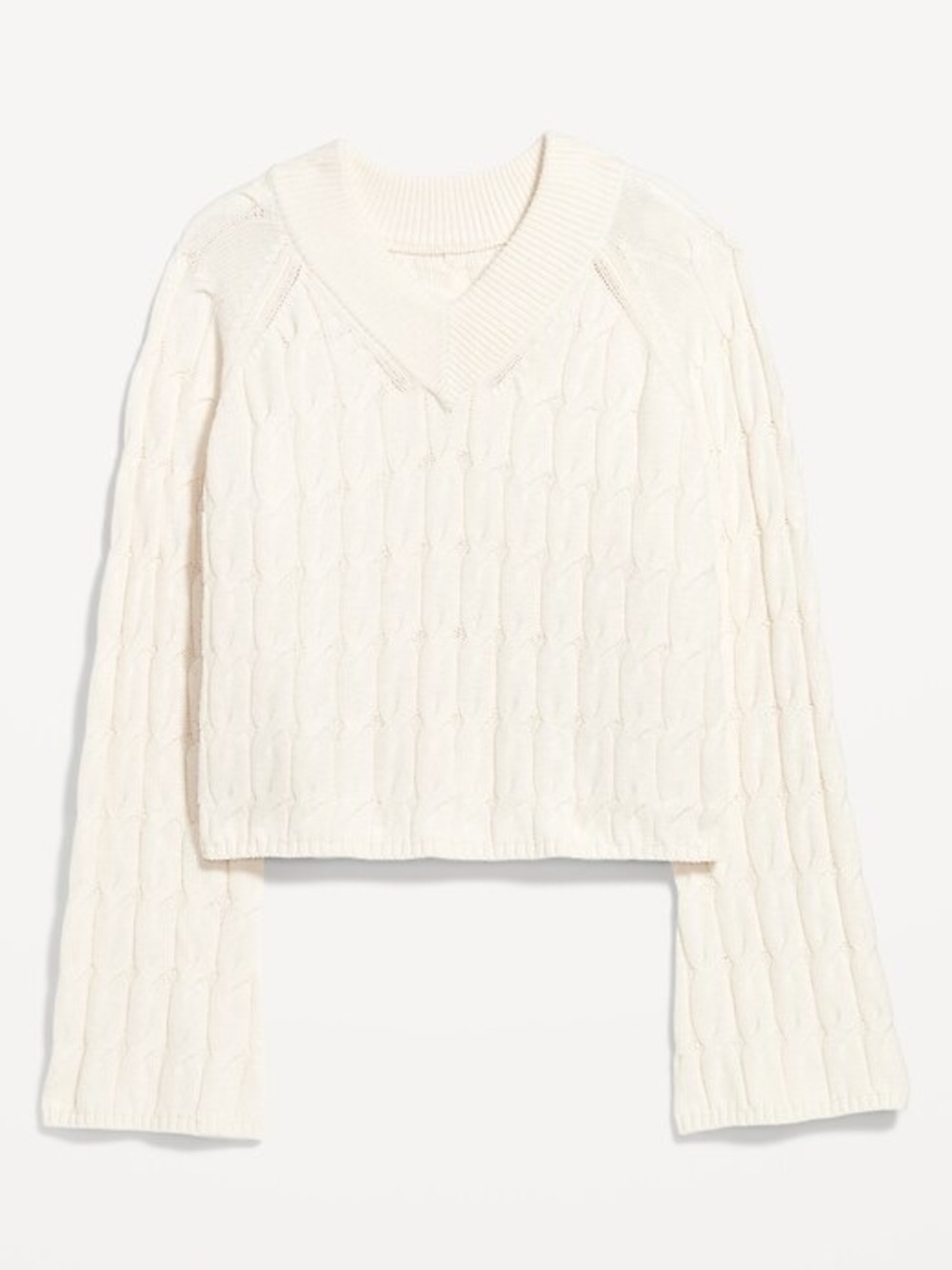 Old Navy Wool Blend Cable Knit V-Neck Sweater Ivory Bell Sleeve Cropped Large